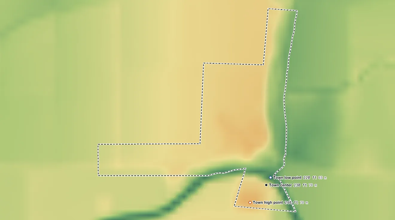 Topographic elevation map of Marie, Arkansas, shaded from 220 ft near the middle to 240 ft near the middle