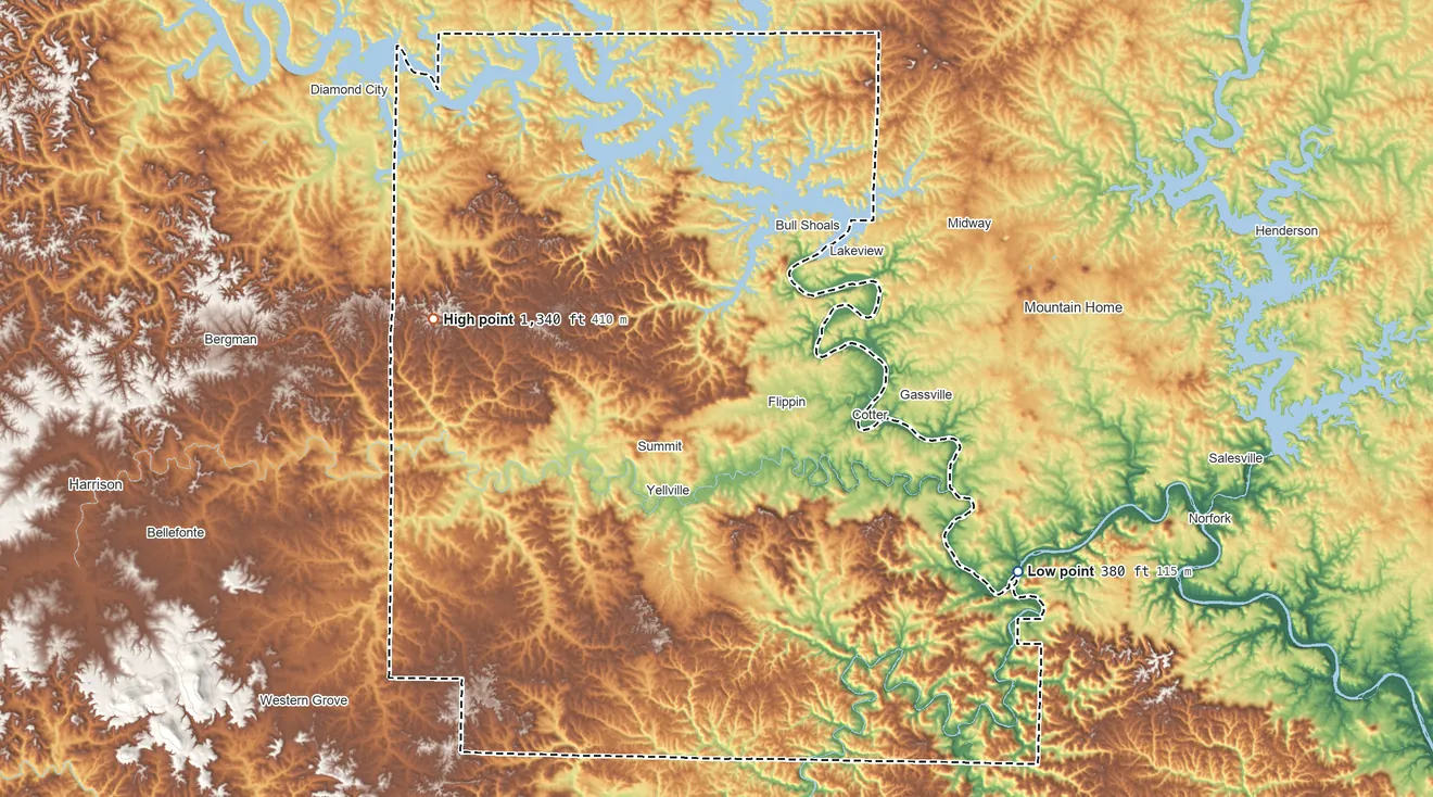 Topographic elevation map of Marion County, Arkansas, shaded from 380 ft on the southeast side to 1,340 ft on Clark Hill
