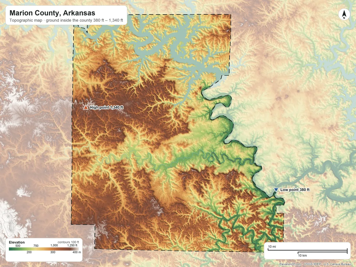 Topographic elevation map of Marion County, Arkansas, shaded from 380 ft on the southeast side to 1,340 ft on Clark Hill