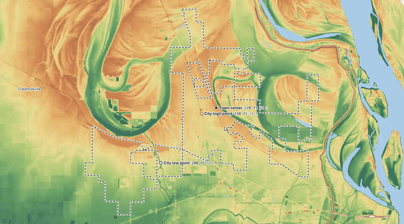 Topographic elevation map of Marion, Arkansas, shaded from 200 ft on the southwest side to 230 ft near the middle