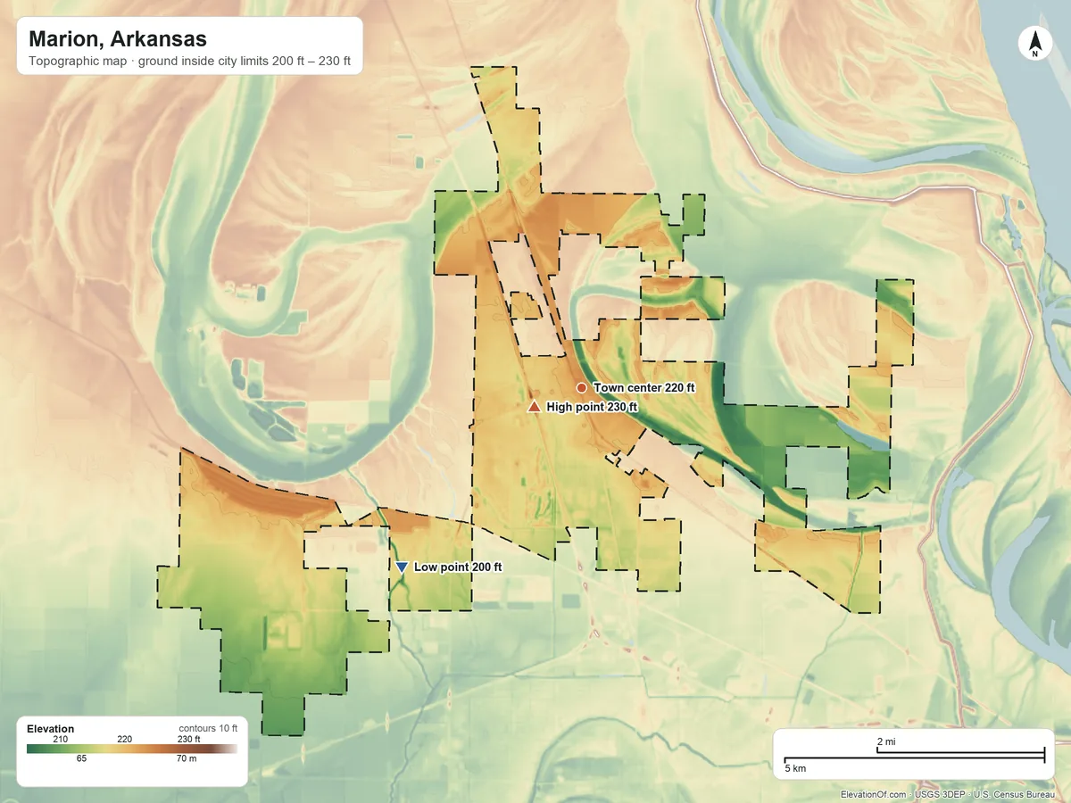 Topographic elevation map of Marion, Arkansas, shaded from 200 ft on the southwest side to 230 ft near the middle