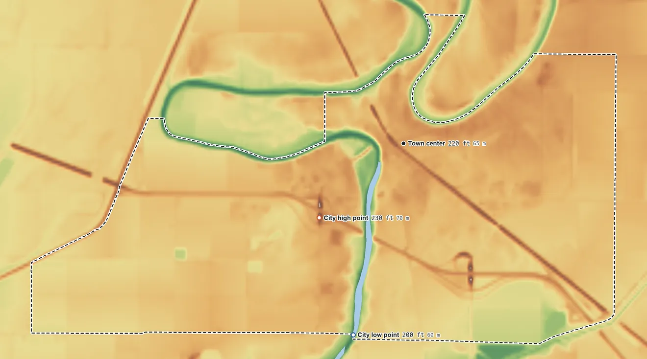 Topographic elevation map of Marked Tree, Arkansas, shaded from 200 ft on the south side to 230 ft on the southwest side