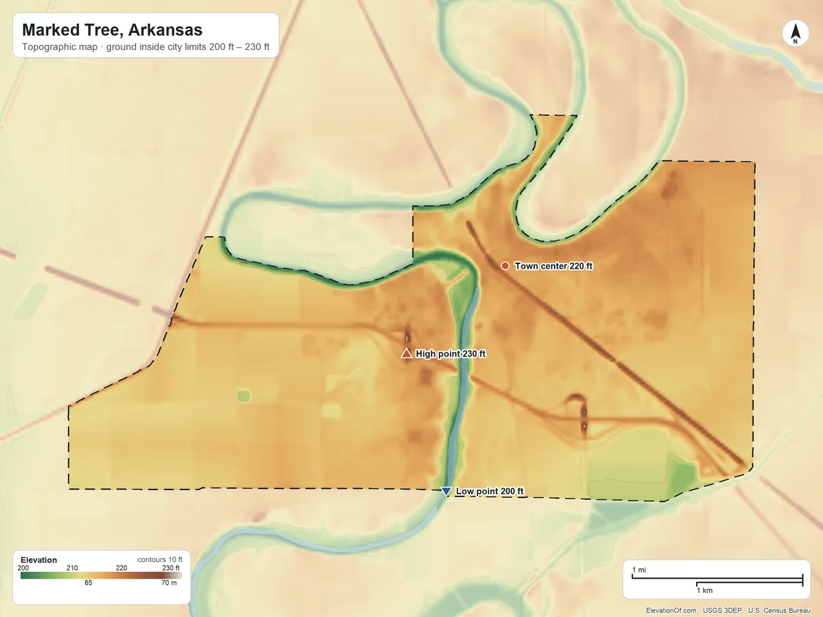 Topographic elevation map of Marked Tree, Arkansas, shaded from 200 ft on the south side to 230 ft on the southwest side