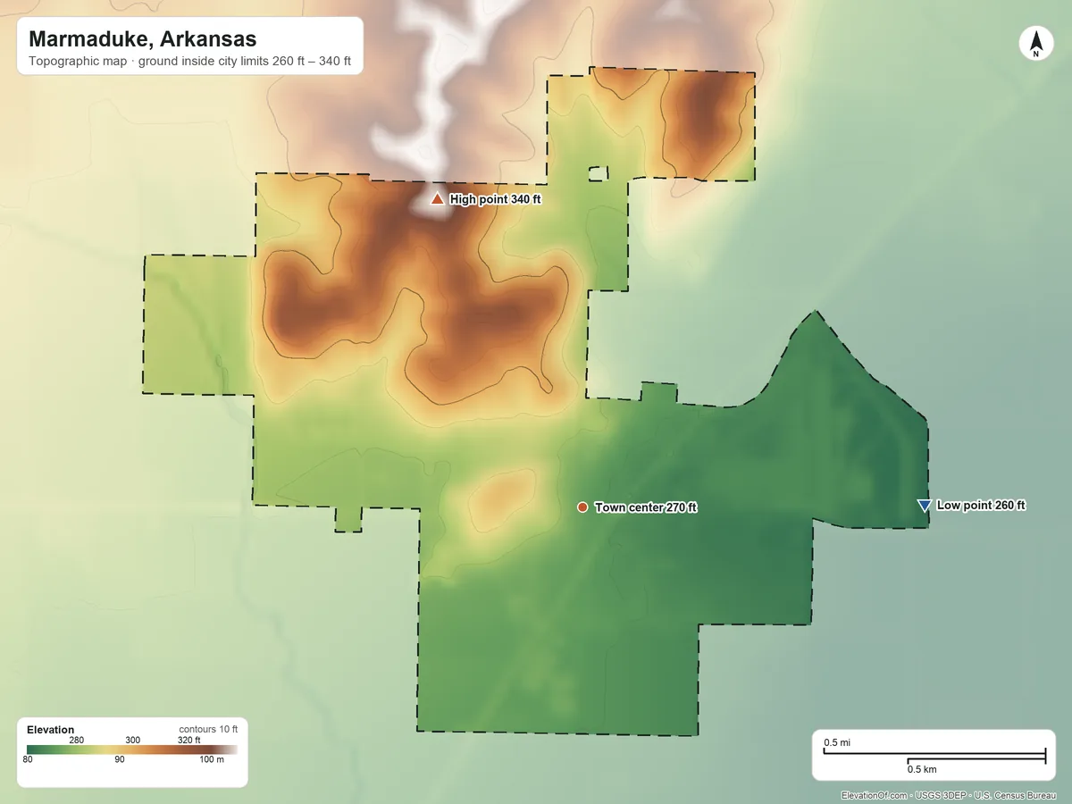 Topographic elevation map of Marmaduke, Arkansas, shaded from 260 ft on the east side to 340 ft on the northwest side