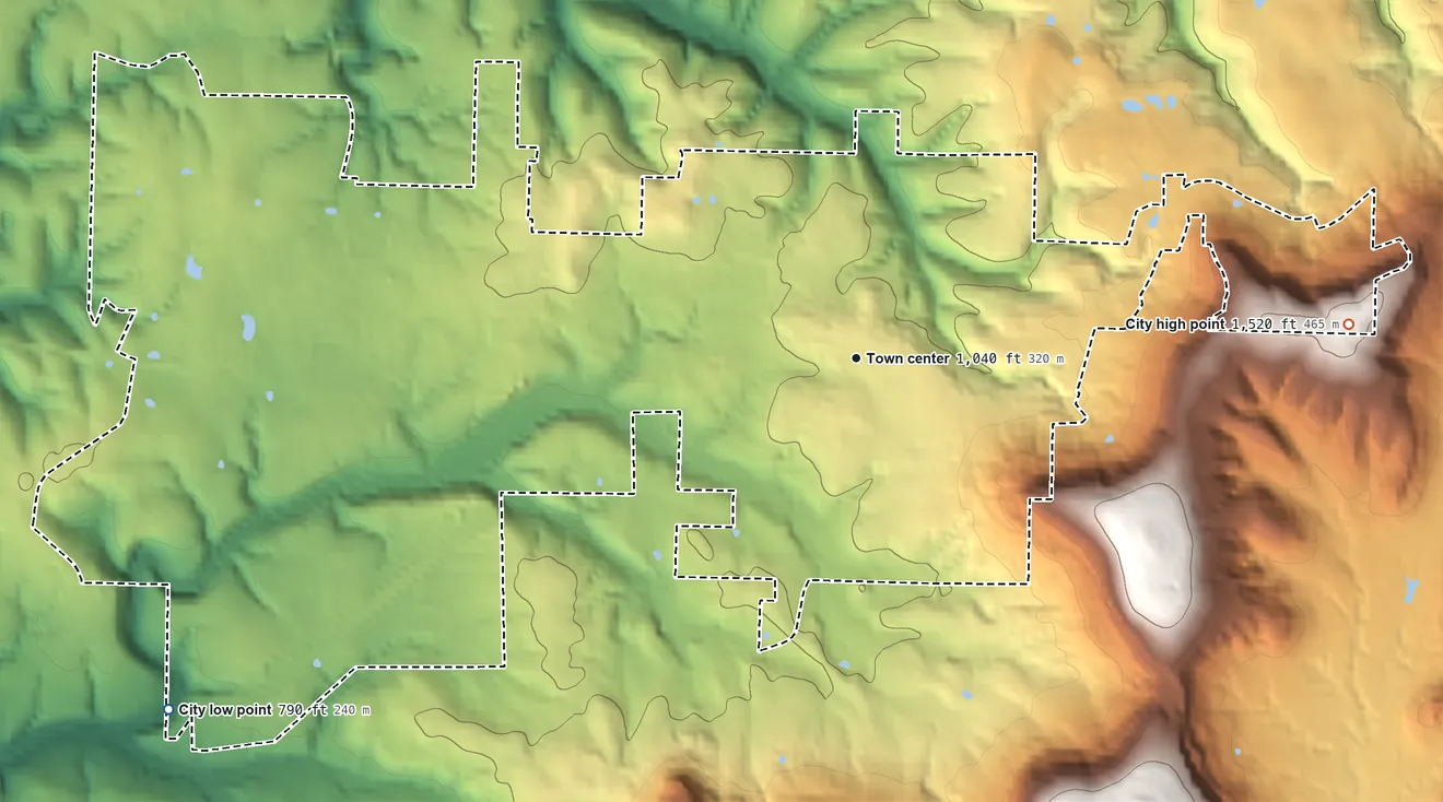 Topographic elevation map of Marshall, Arkansas, shaded from 790 ft on the southwest side to 1,520 ft on the east side