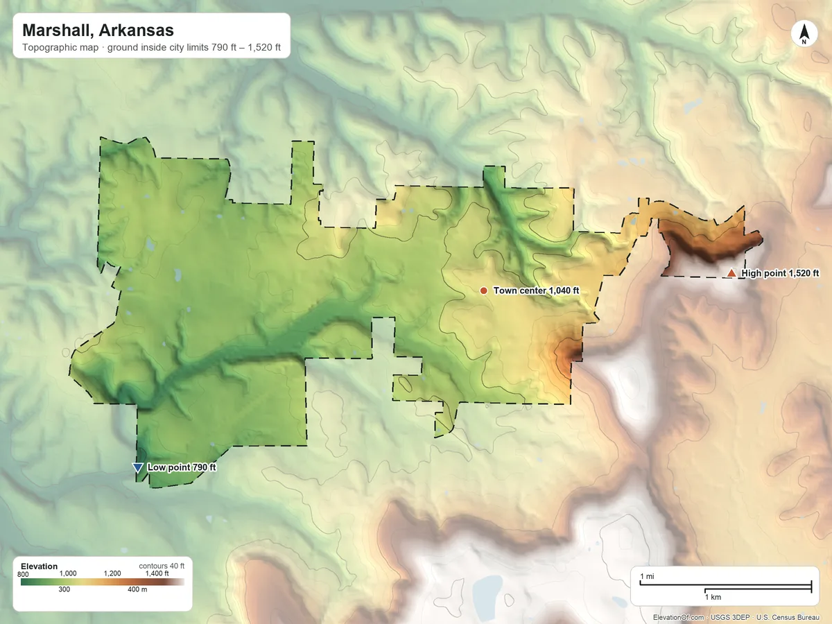 Topographic elevation map of Marshall, Arkansas, shaded from 790 ft on the southwest side to 1,520 ft on the east side