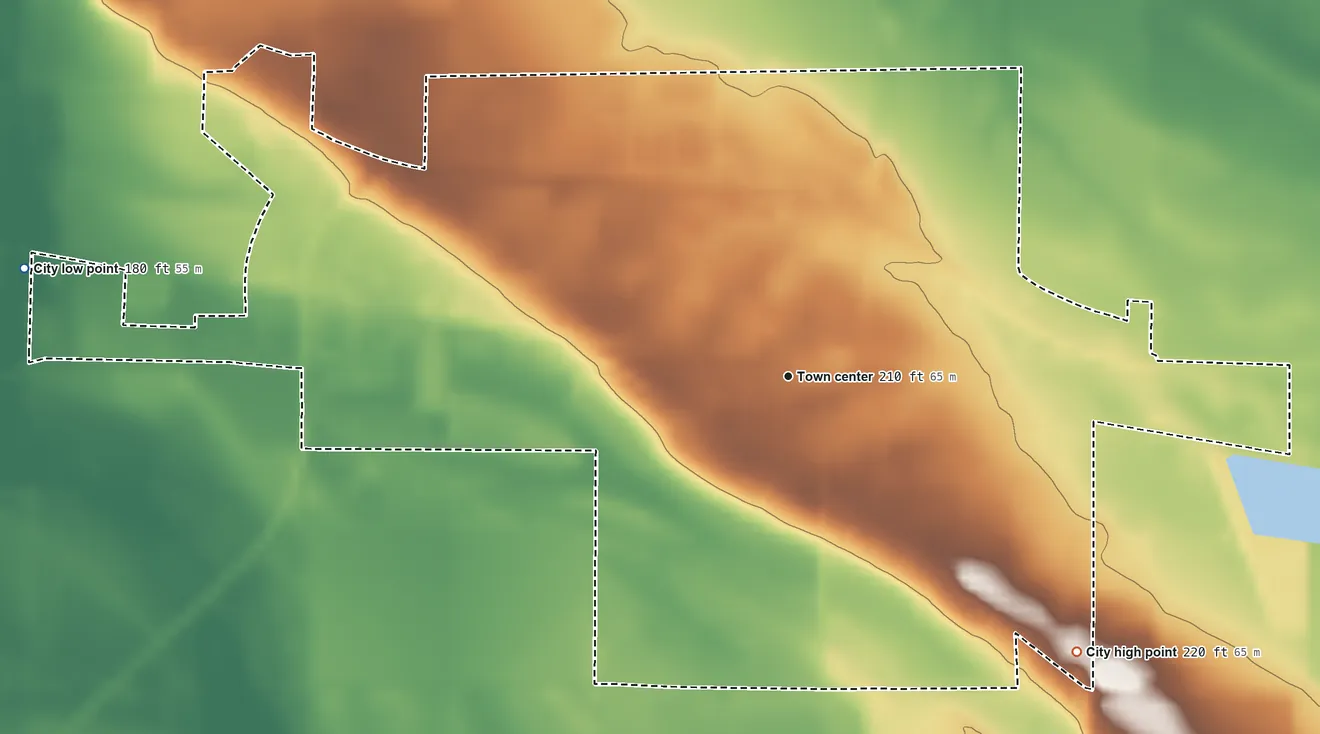 Topographic elevation map of Marvell, Arkansas, shaded from 180 ft on the west side to 220 ft on the southeast side