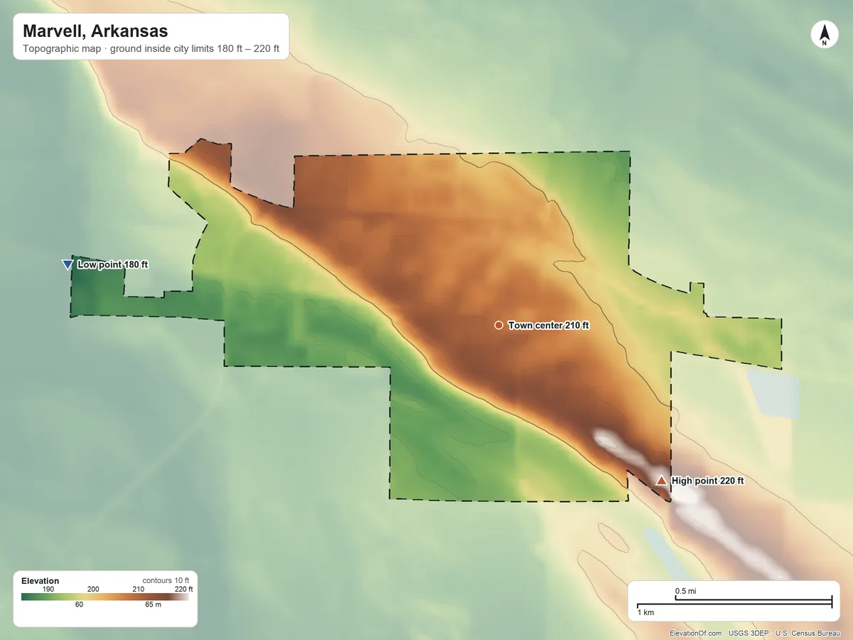 Topographic elevation map of Marvell, Arkansas, shaded from 180 ft on the west side to 220 ft on the southeast side