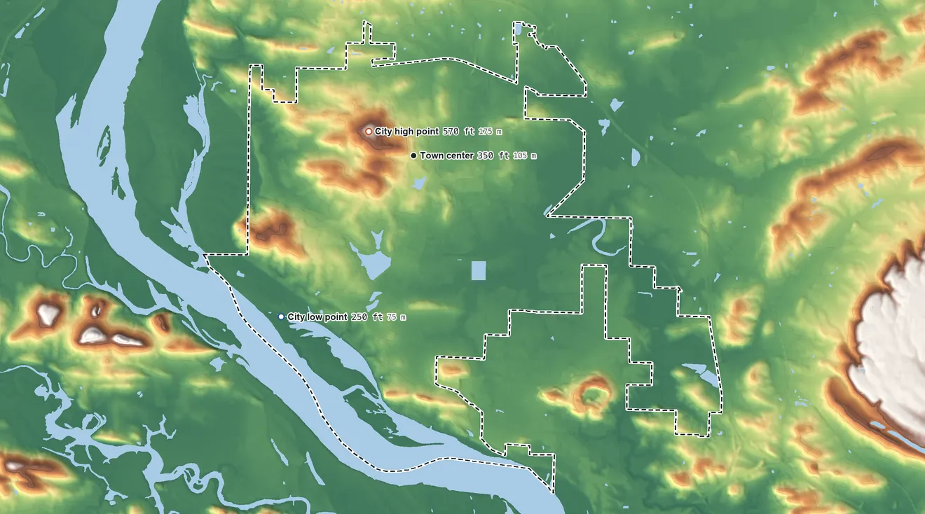 Topographic elevation map of Maumelle, Arkansas, shaded from 250 ft on the southwest side to 570 ft on Cook Mountain