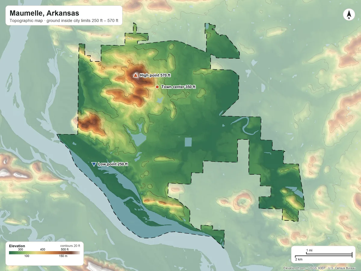 Topographic elevation map of Maumelle, Arkansas, shaded from 250 ft on the southwest side to 570 ft on Cook Mountain