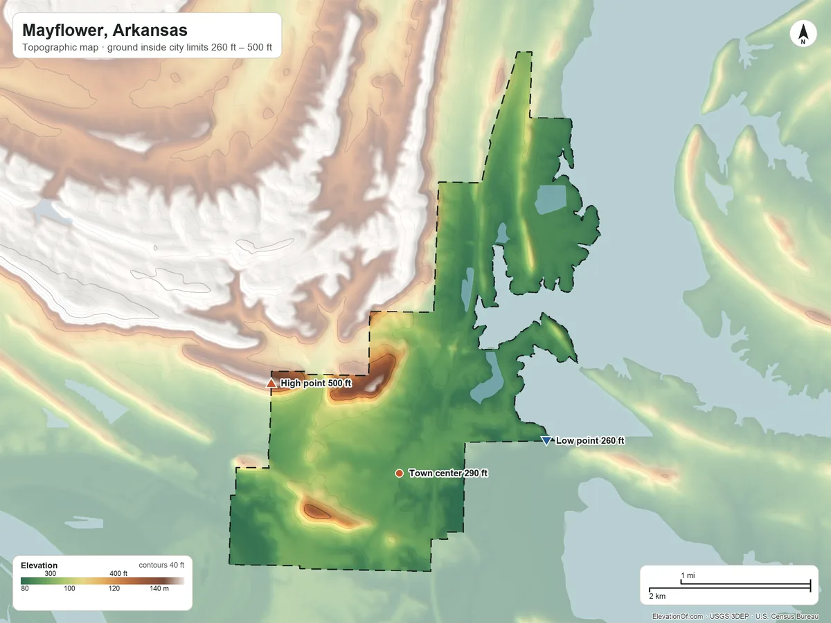 Topographic elevation map of Mayflower, Arkansas, shaded from 260 ft on the east side to 500 ft on the northwest side