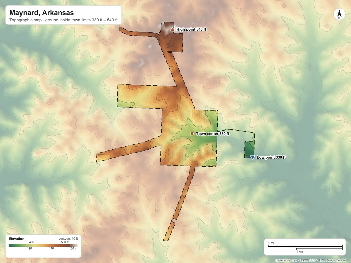 Topographic elevation map of Maynard, Arkansas, shaded from 330 ft on the east side to 540 ft on the north side