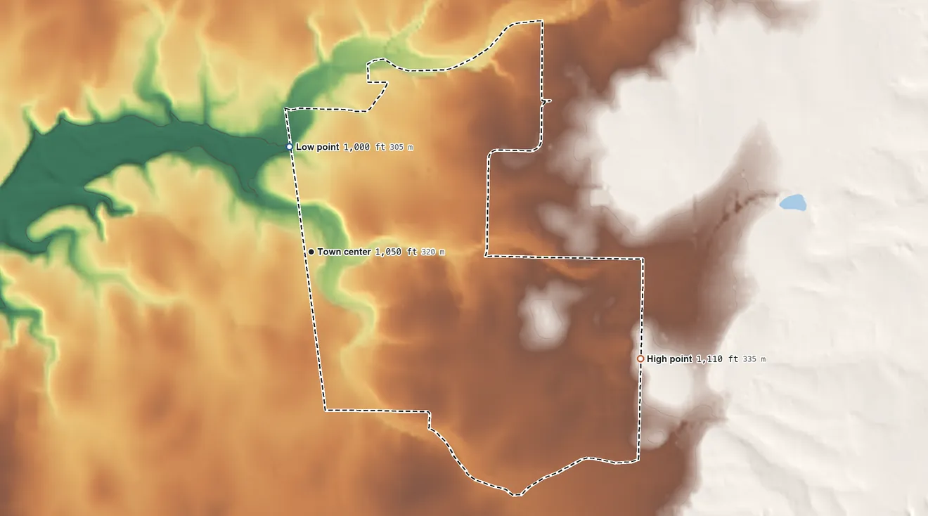 Topographic elevation map of Maysville, Arkansas, shaded from 1,000 ft on the north side to 1,110 ft on the east side