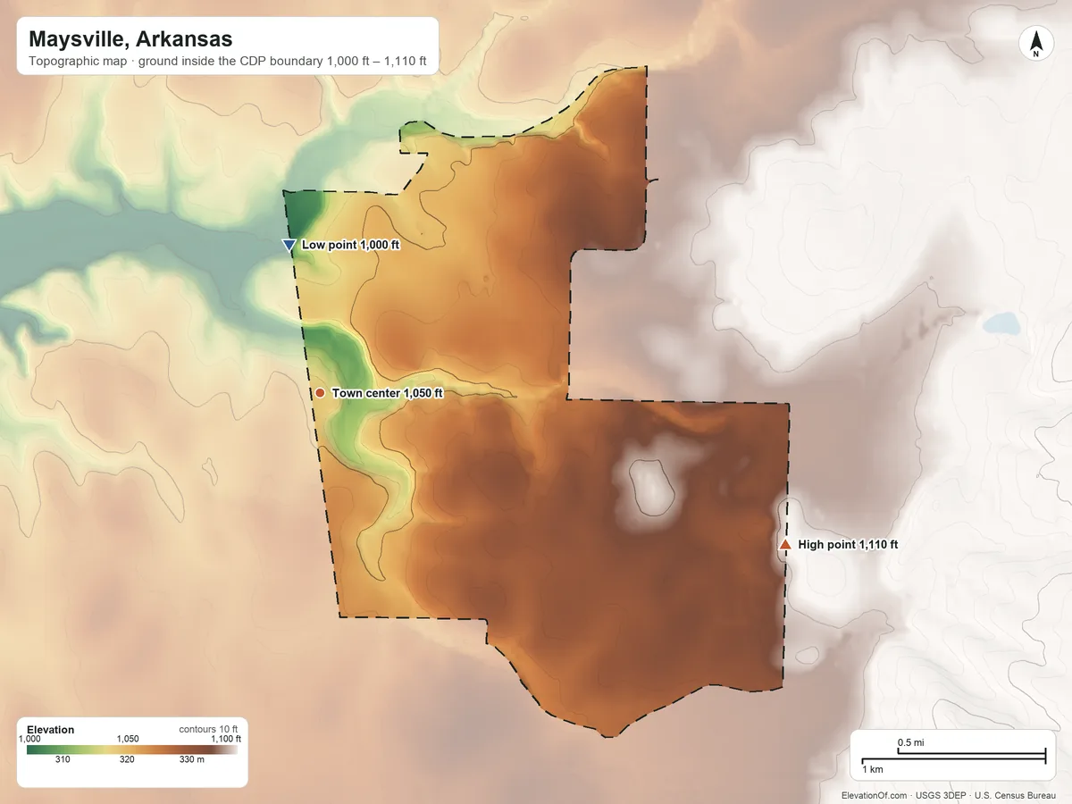 Topographic elevation map of Maysville, Arkansas, shaded from 1,000 ft on the north side to 1,110 ft on the east side