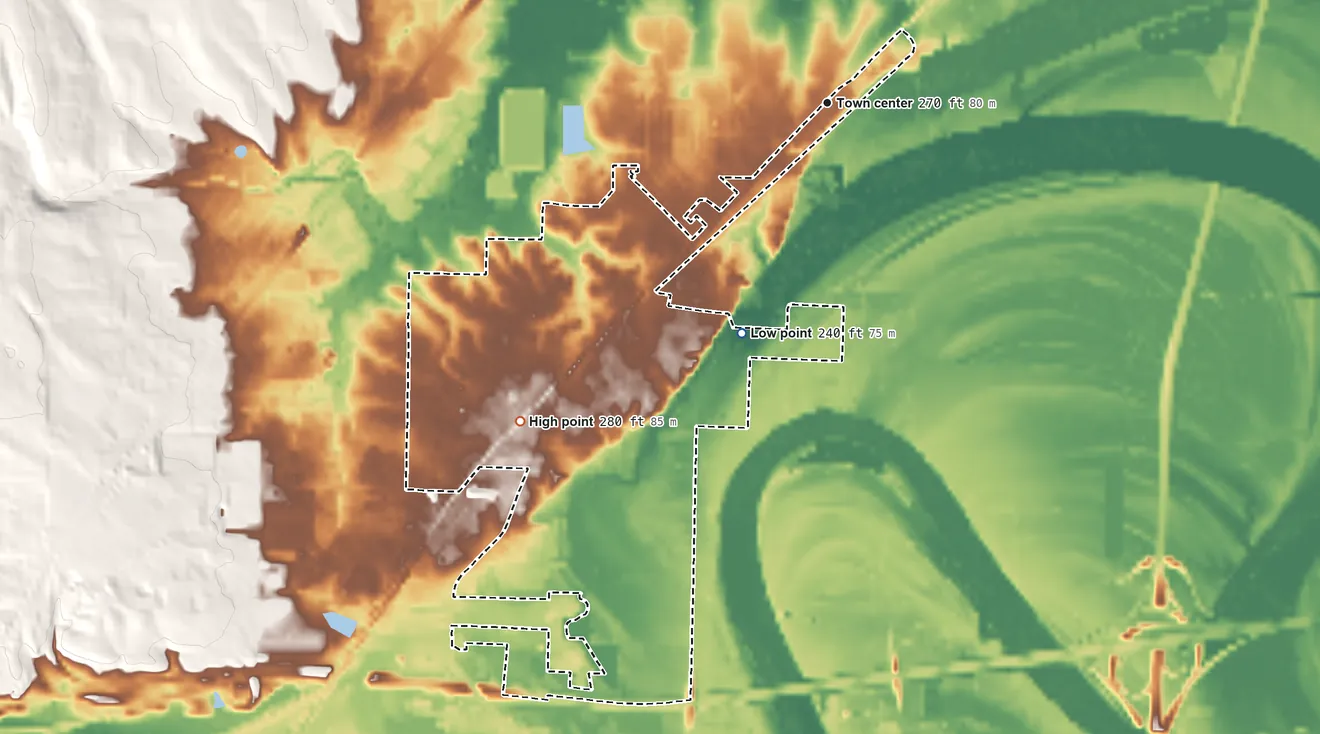 Topographic elevation map of McAlmont, Arkansas, shaded from 240 ft on the south side to 280 ft on the southwest side