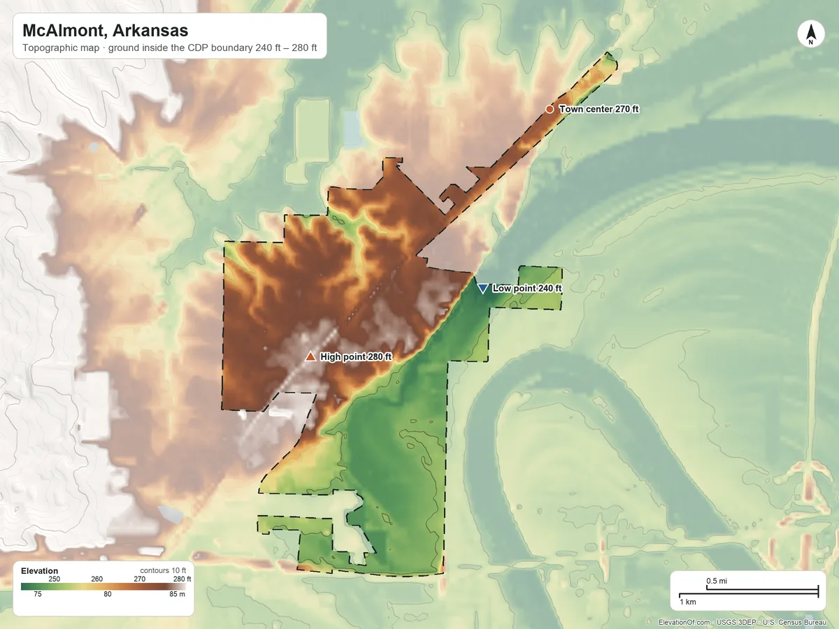Topographic elevation map of McAlmont, Arkansas, shaded from 240 ft on the south side to 280 ft on the southwest side