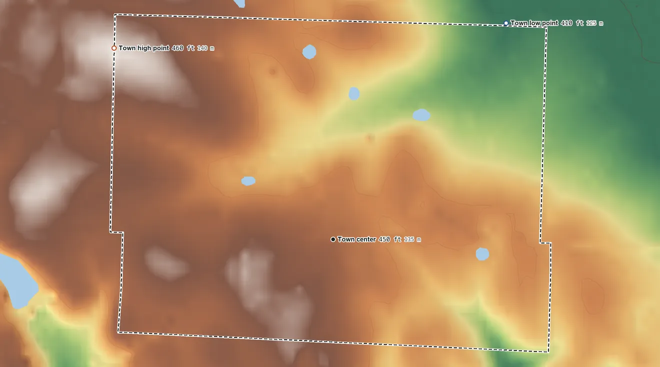 Topographic elevation map of McCaskill, Arkansas, shaded from 410 ft on the northeast side to 460 ft on the northwest side