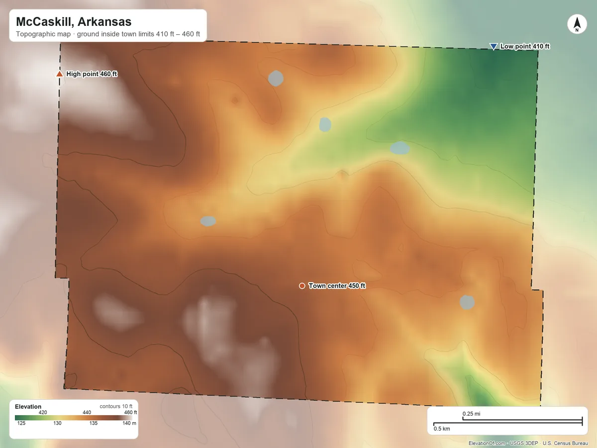 Topographic elevation map of McCaskill, Arkansas, shaded from 410 ft on the northeast side to 460 ft on the northwest side