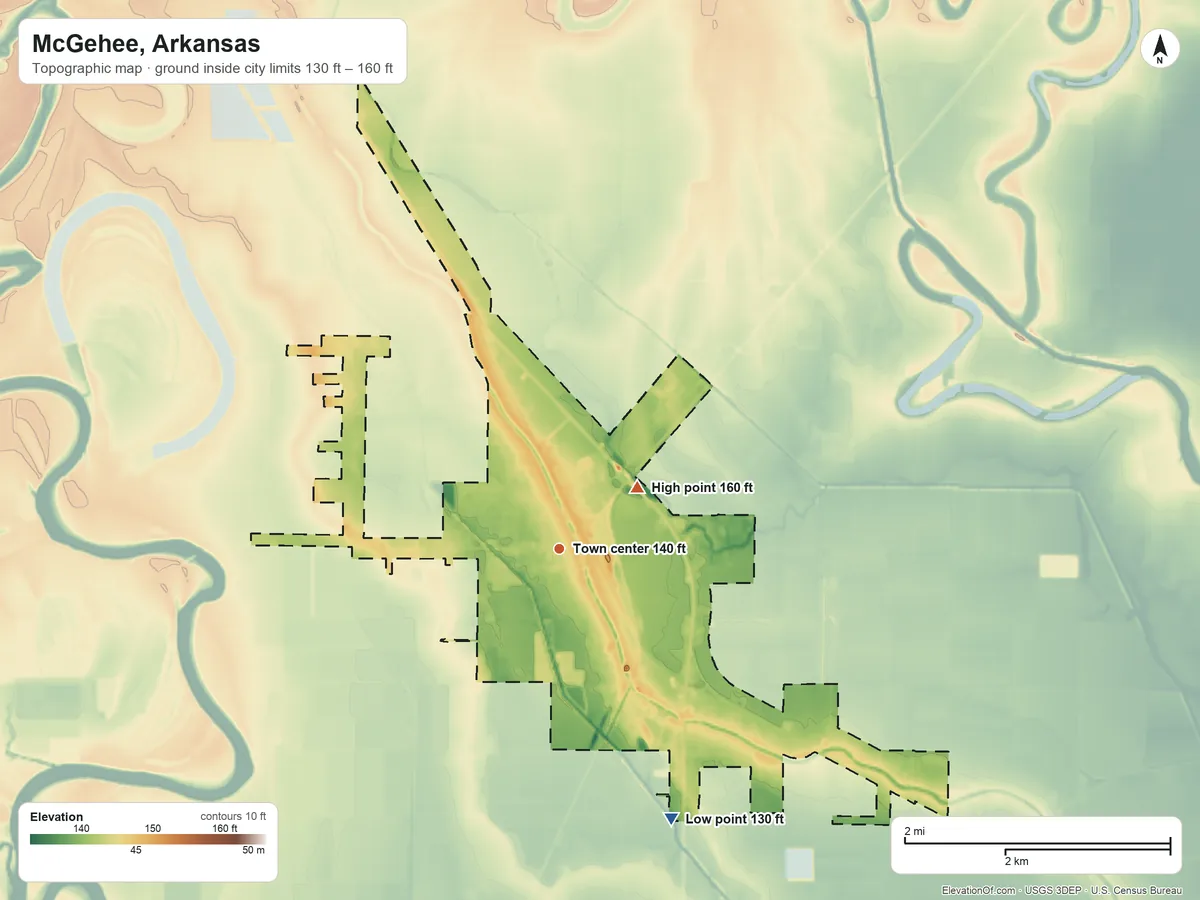 Topographic elevation map of McGehee, Arkansas, shaded from 130 ft on the southeast side to 160 ft near the middle