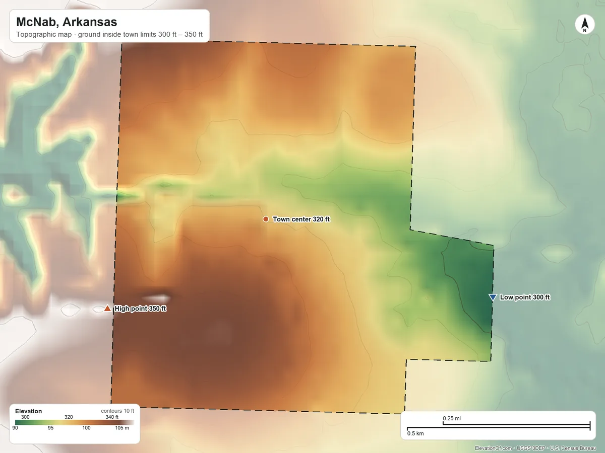 Topographic elevation map of McNab, Arkansas, shaded from 300 ft on the east side to 350 ft on the southwest side