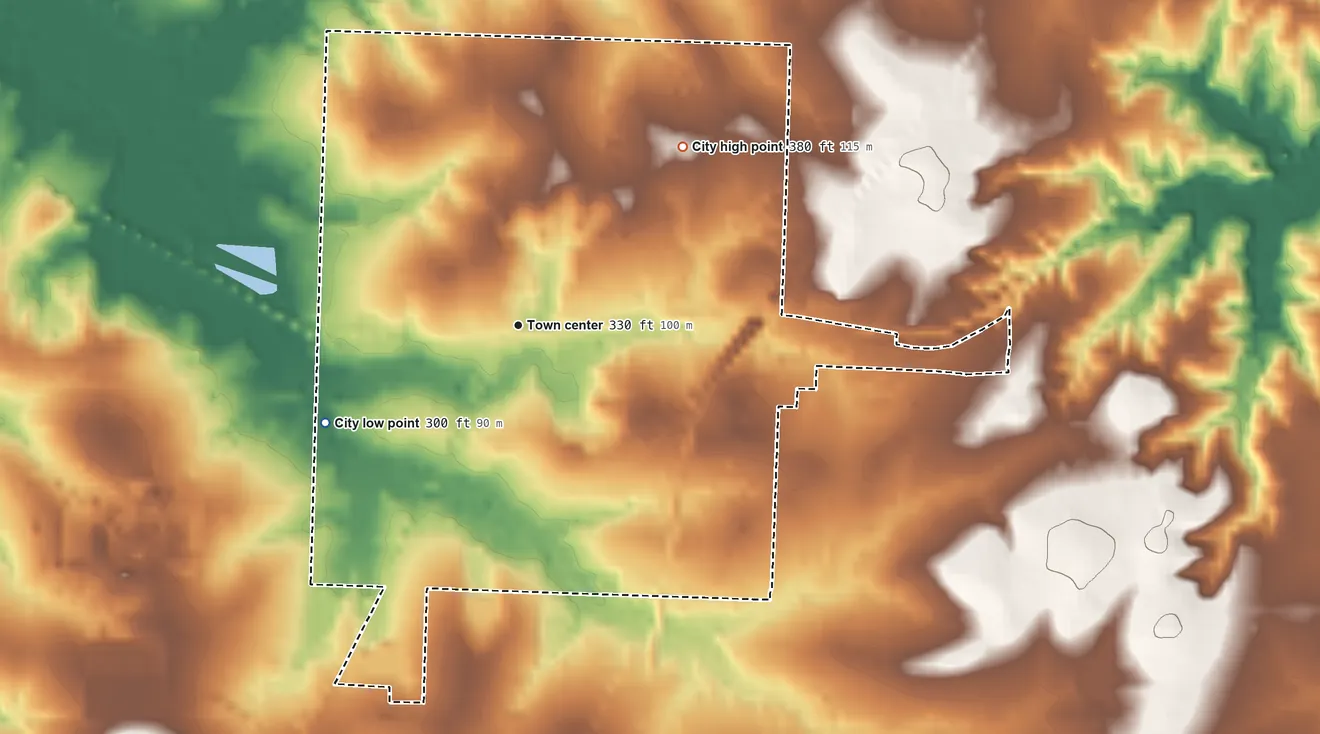 Topographic elevation map of McNeil, Arkansas, shaded from 300 ft on the southwest side to 380 ft on the northeast side