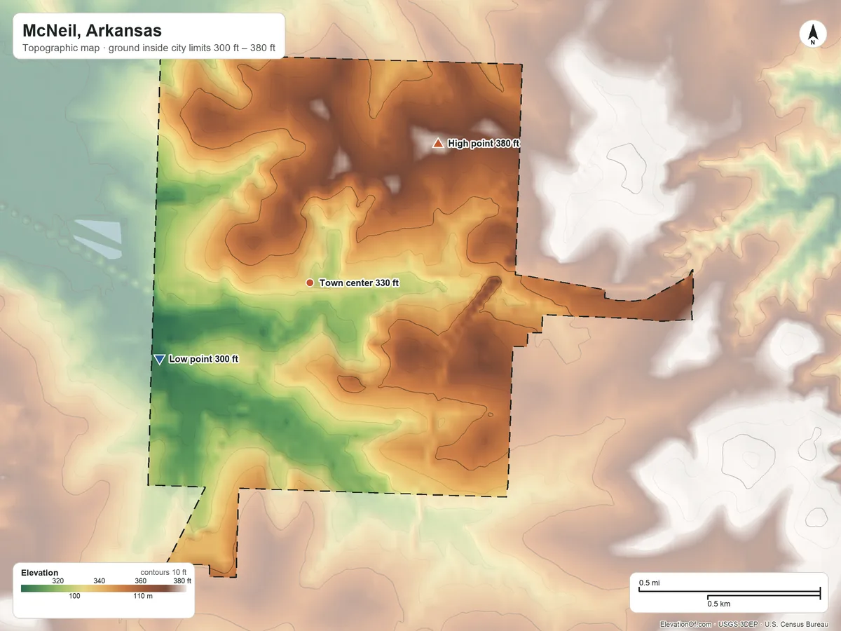 Topographic elevation map of McNeil, Arkansas, shaded from 300 ft on the southwest side to 380 ft on the northeast side