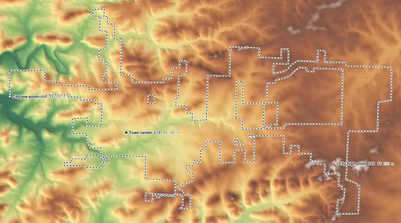 Topographic elevation map of Melbourne, Arkansas, shaded from 480 ft on the west side to 840 ft on the east side