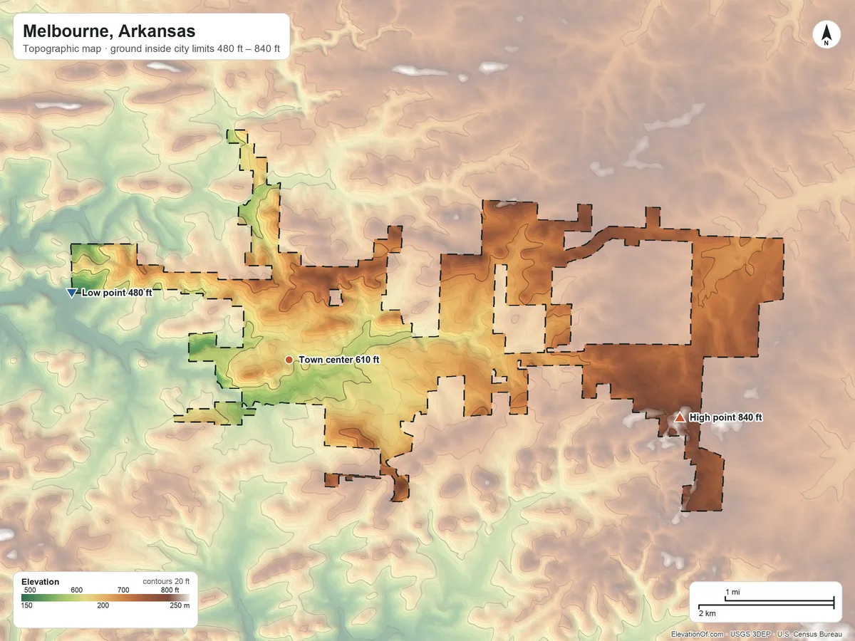 Topographic elevation map of Melbourne, Arkansas, shaded from 480 ft on the west side to 840 ft on the east side