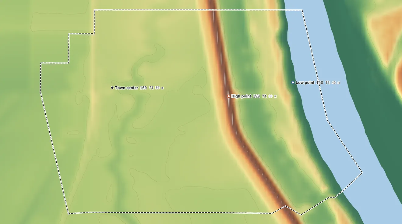 Topographic elevation map of Mellwood, Arkansas, shaded from 150 ft on the east side to 190 ft on the east side