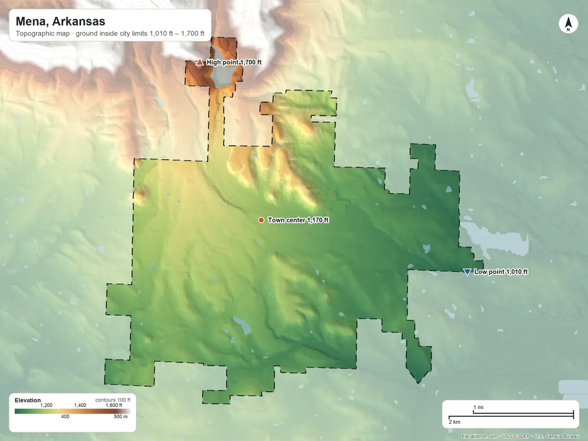 Topographic elevation map of Mena, Arkansas, shaded from 1,010 ft on the east side to 1,700 ft at the foot of the Fourche Mountain