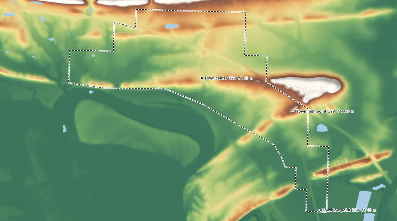 Topographic elevation map of Menifee, Arkansas, shaded from 280 ft on the southeast side to 390 ft on the east side