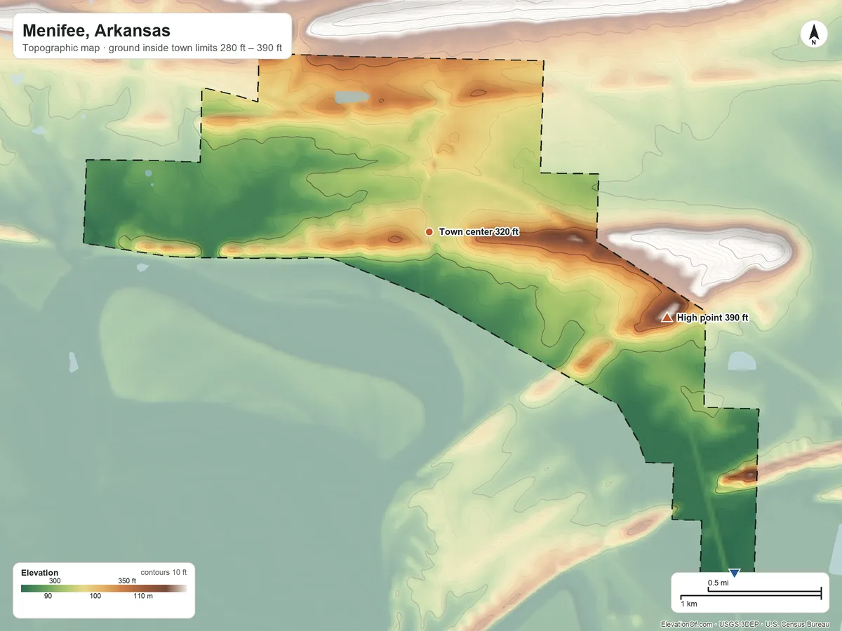 Topographic elevation map of Menifee, Arkansas, shaded from 280 ft on the southeast side to 390 ft on the east side