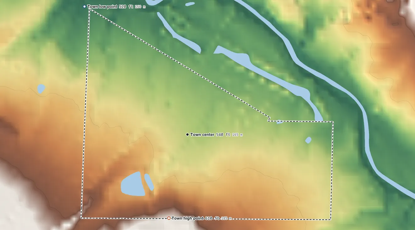 Topographic elevation map of Midland, Arkansas, shaded from 520 ft on the northwest side to 610 ft on the south edge, below higher ground just outside