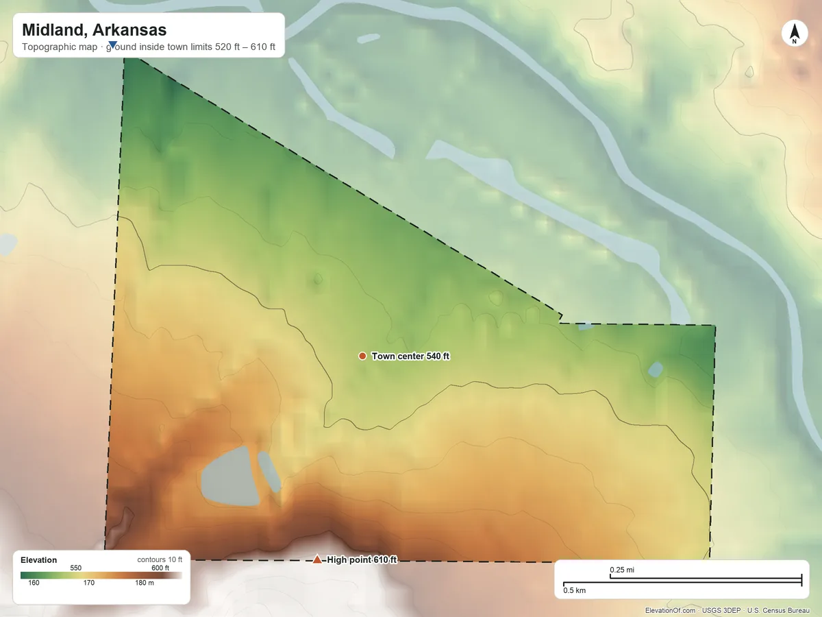 Topographic elevation map of Midland, Arkansas, shaded from 520 ft on the northwest side to 610 ft on the south edge, below higher ground just outside