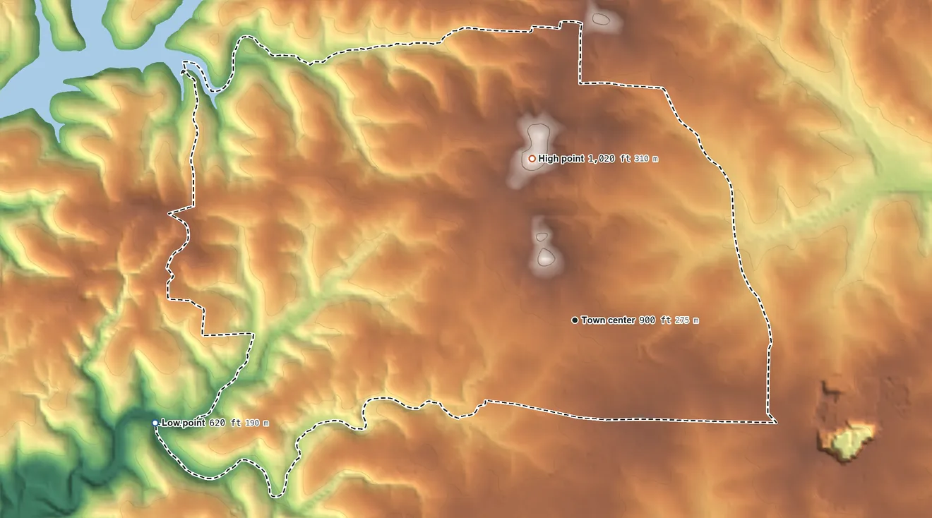 Topographic elevation map of Midway, Arkansas, shaded from 620 ft on the west side to 1,020 ft on the north side