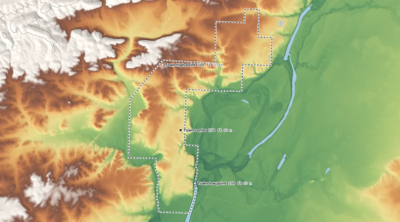 Topographic elevation map of Town of Midway, Arkansas, shaded from 190 ft on the south side to 380 ft on the north side
