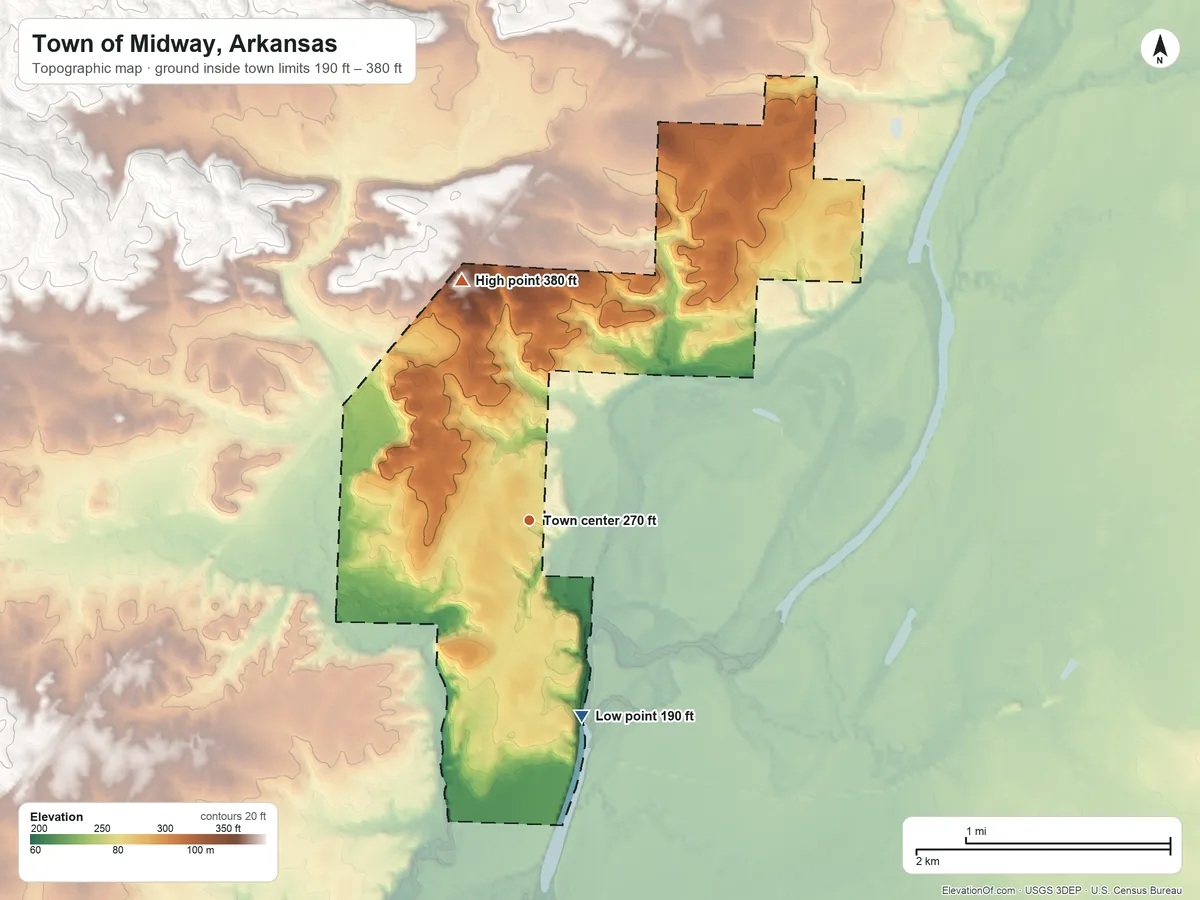 Topographic elevation map of Town of Midway, Arkansas, shaded from 190 ft on the south side to 380 ft on the north side