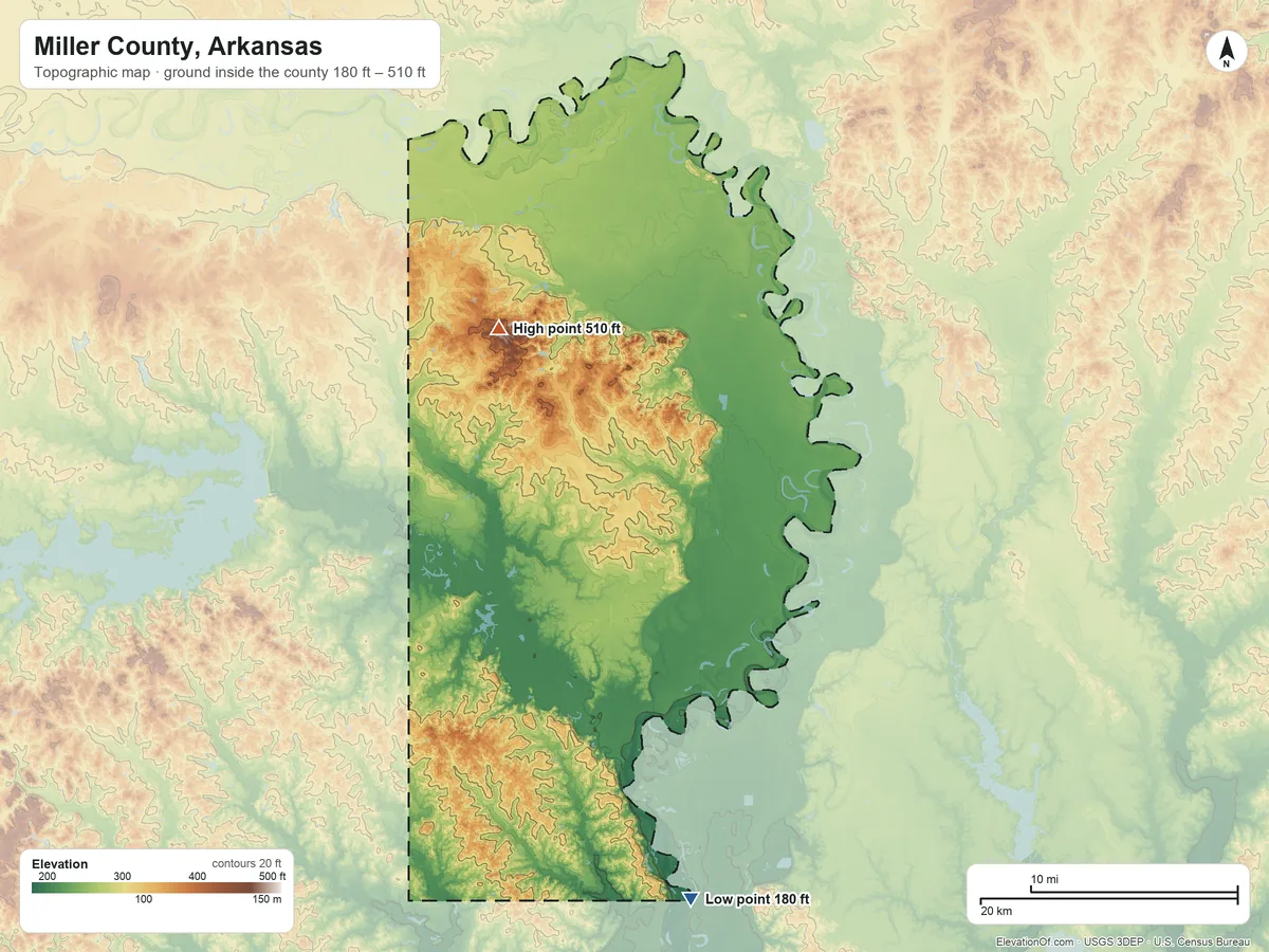 Topographic elevation map of Miller County, Arkansas, shaded from 180 ft on the south side to 510 ft on the northwest side