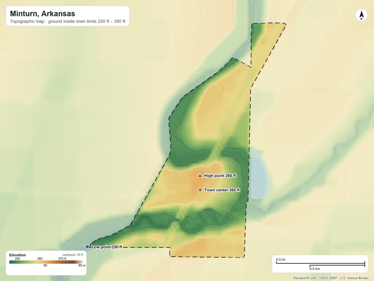 Topographic elevation map of Minturn, Arkansas, shaded from 250 ft on the southwest side to 260 ft near the middle