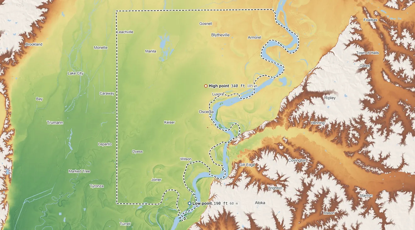 Topographic elevation map of Mississippi County, Arkansas, shaded from 190 ft on the south side to 340 ft on the north side