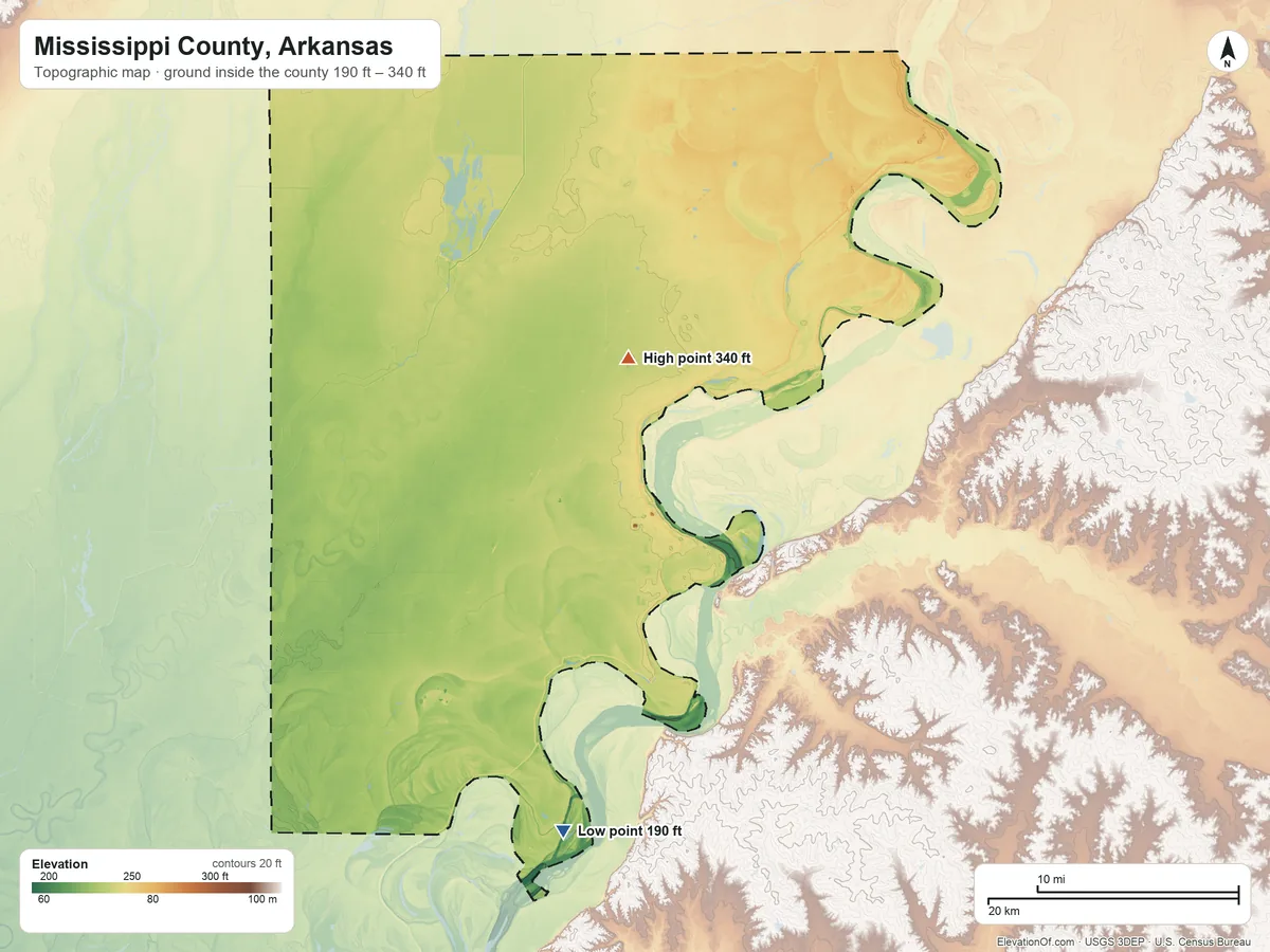 Topographic elevation map of Mississippi County, Arkansas, shaded from 190 ft on the south side to 340 ft on the north side