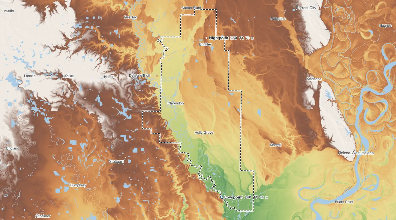Topographic elevation map of Monroe County, Arkansas, shaded from 140 ft on the south side to 230 ft on the north side