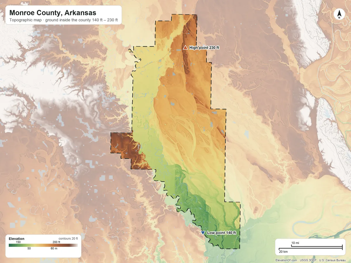 Topographic elevation map of Monroe County, Arkansas, shaded from 140 ft on the south side to 230 ft on the north side