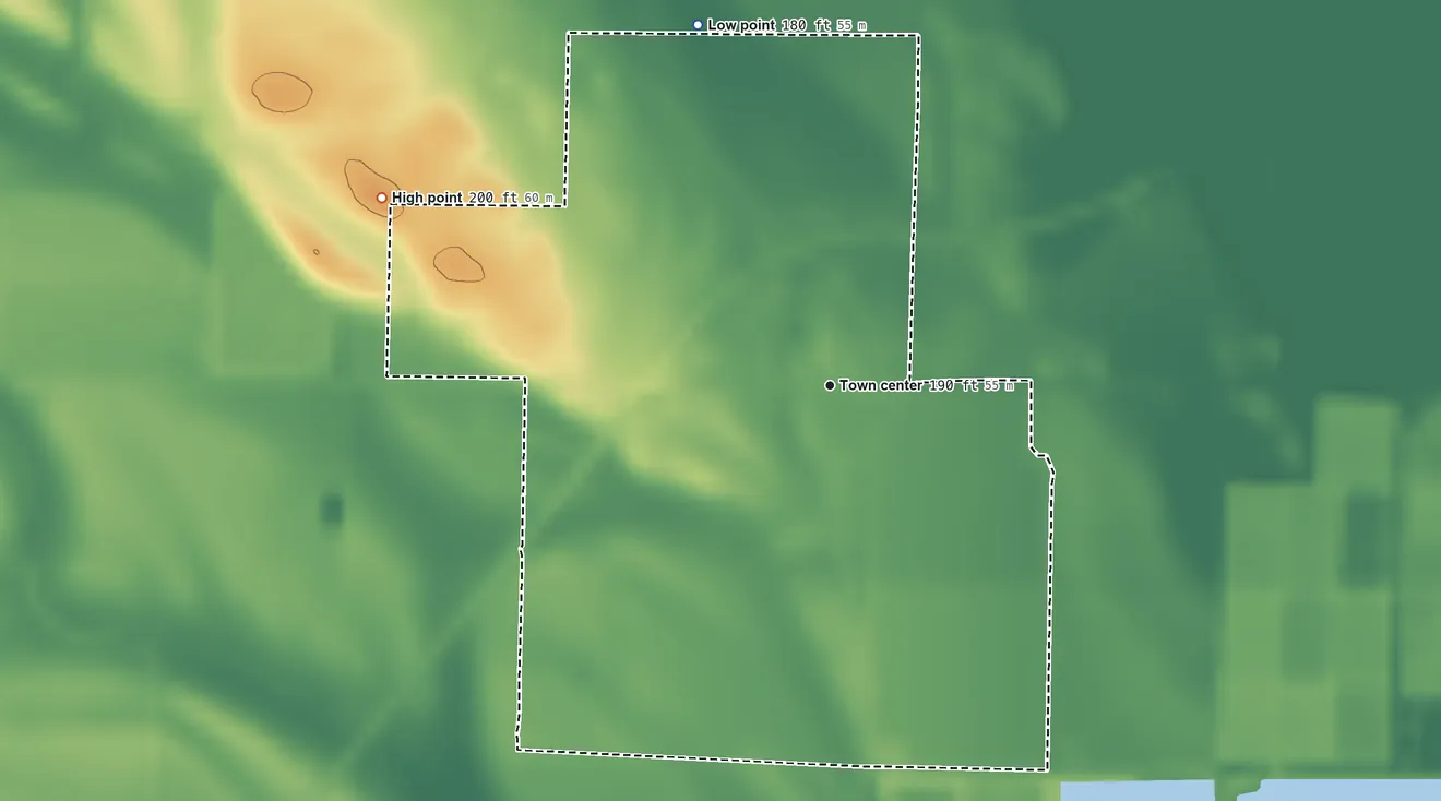 Topographic elevation map of Monroe, Arkansas, shaded from 180 ft on the north side to 200 ft on the northwest side