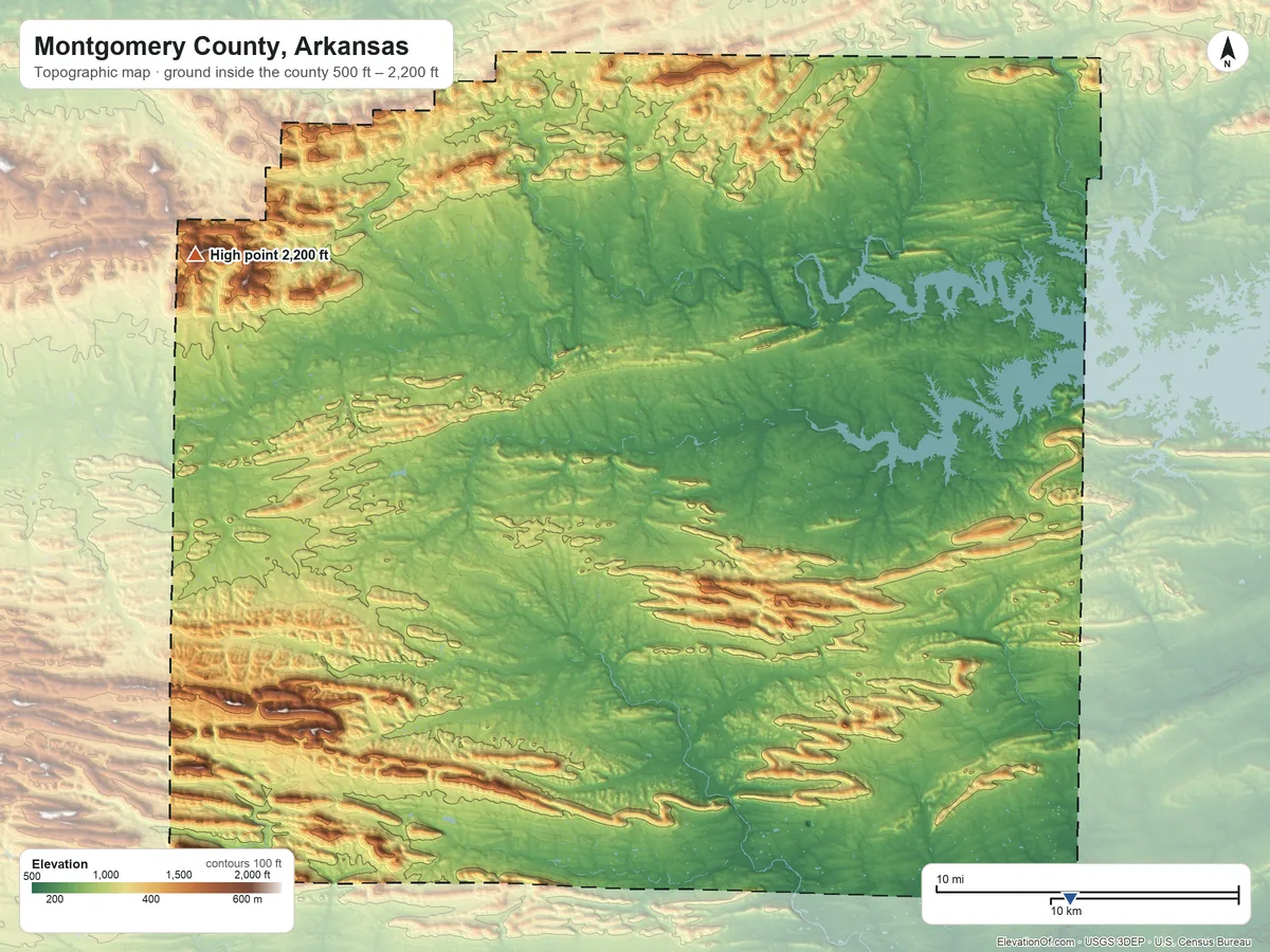 Topographic elevation map of Montgomery County, Arkansas, shaded from 500 ft on the southeast side to 2,200 ft on Mast Mountain
