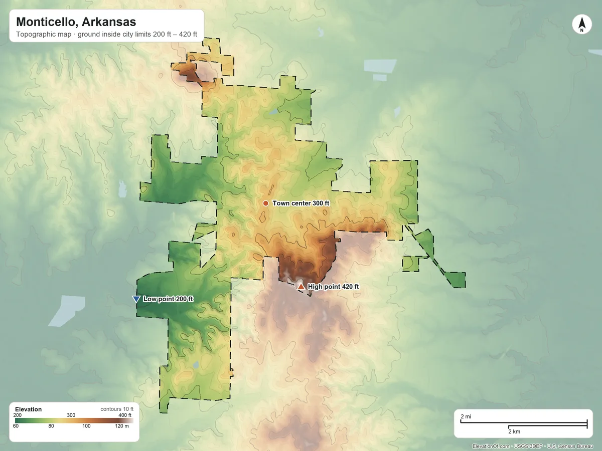 Topographic elevation map of Monticello, Arkansas, shaded from 200 ft on the southwest side to 420 ft on the southeast side