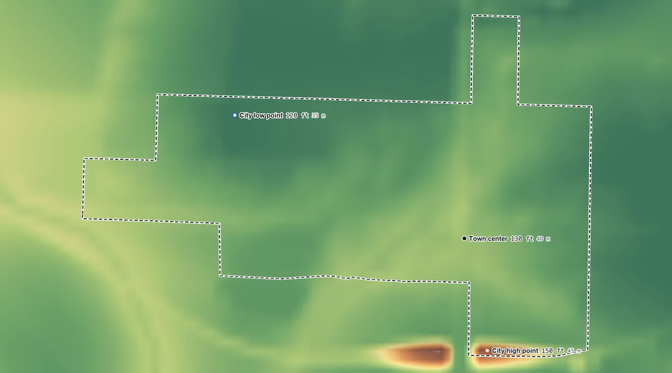 Topographic elevation map of Montrose, Arkansas, shaded from 120 ft on the northwest side to 150 ft on the south side