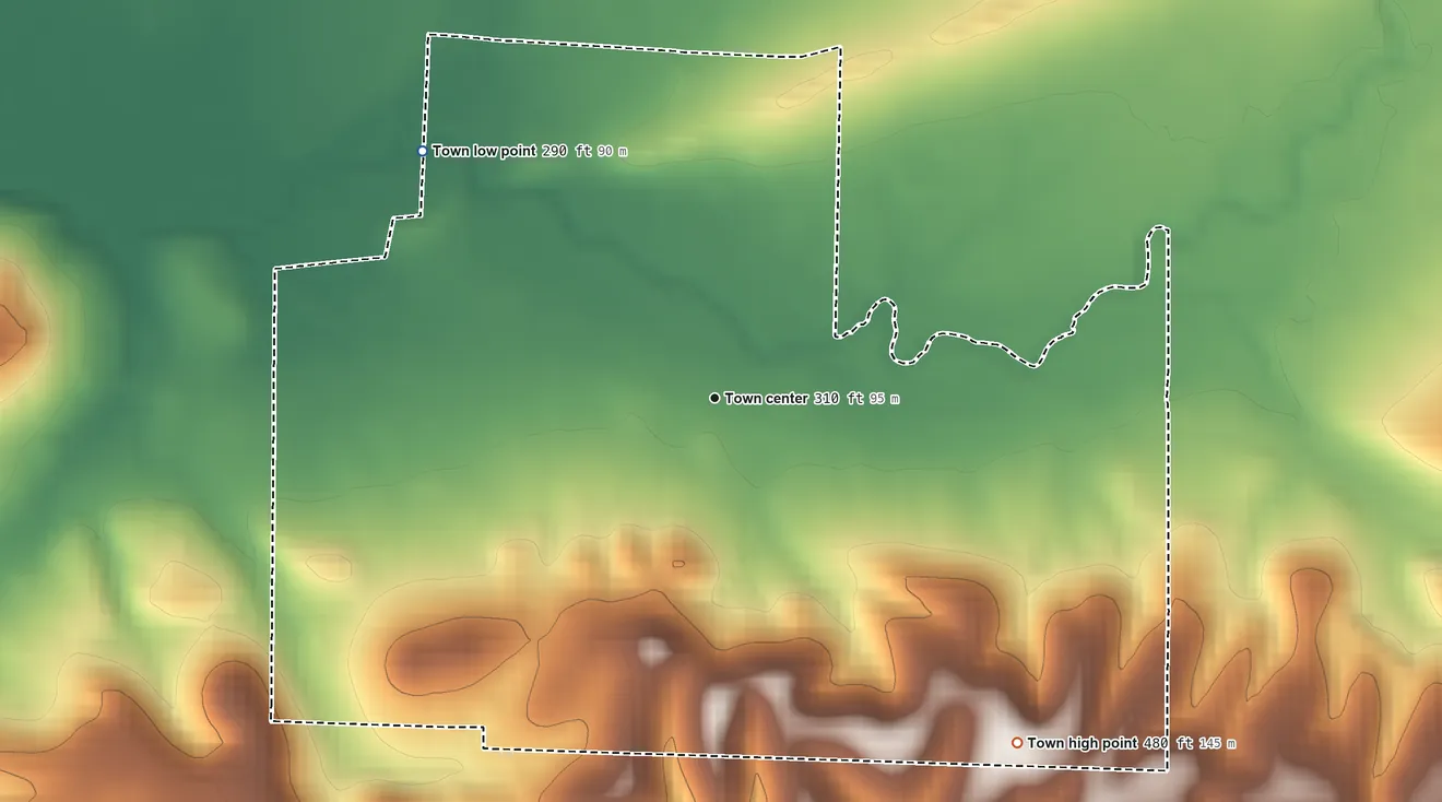 Topographic elevation map of Moorefield, Arkansas, shaded from 290 ft on the northwest side to 480 ft on the southeast side