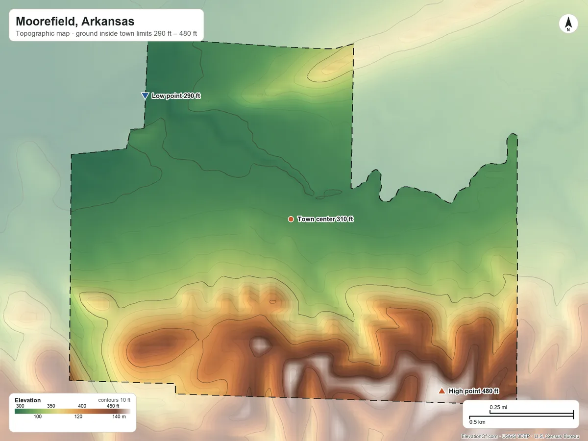 Topographic elevation map of Moorefield, Arkansas, shaded from 290 ft on the northwest side to 480 ft on the southeast side