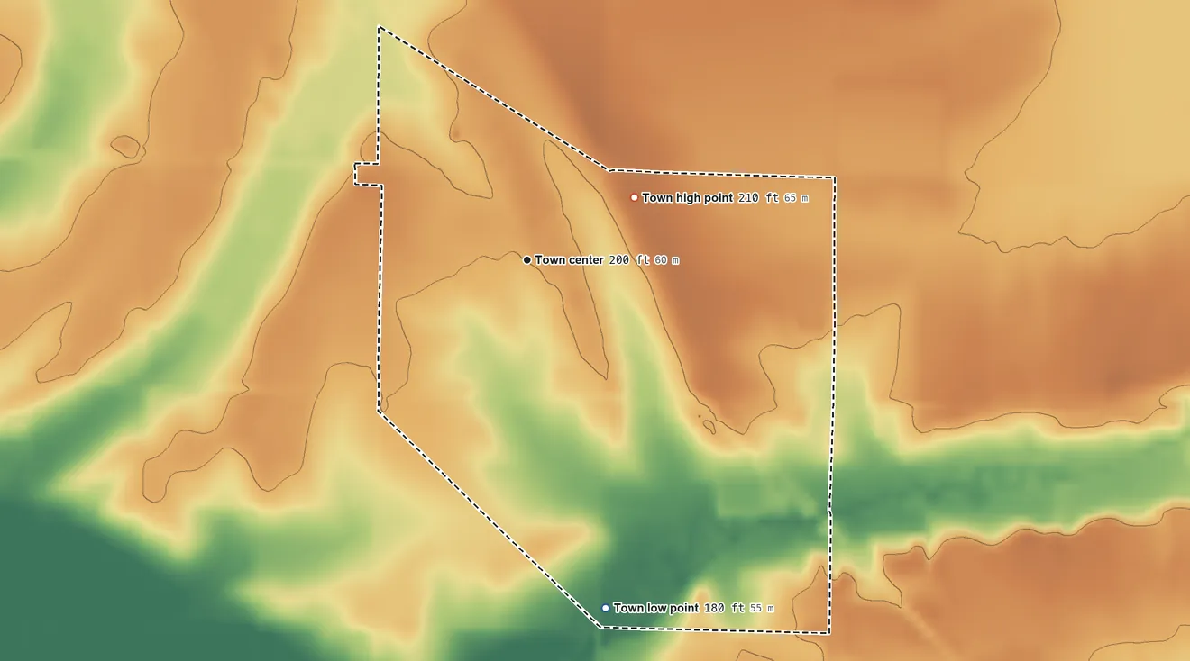 Topographic elevation map of Moro, Arkansas, shaded from 180 ft on the south side to 210 ft on the northeast side
